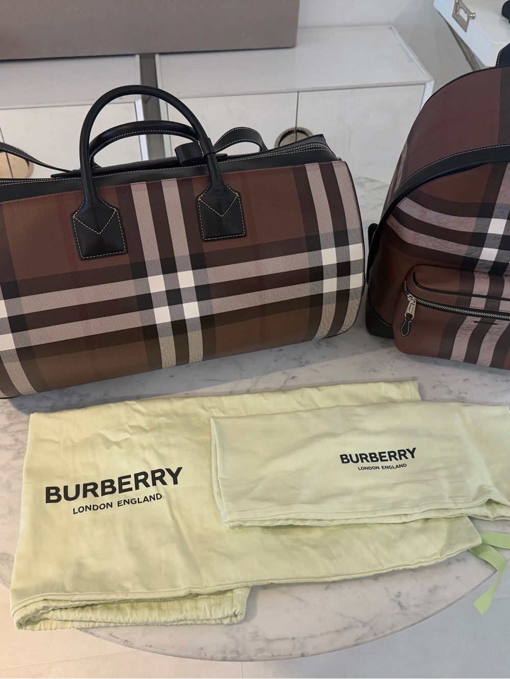 Burberry Brown Plaid Duffel Bag & Backpack with Black Trim